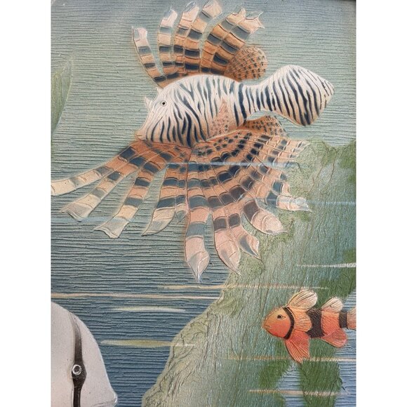 Vtg Original Thick Texture Oil Painting Tropical Fish Brass Frame 20" Registered - Picture 5 of 13